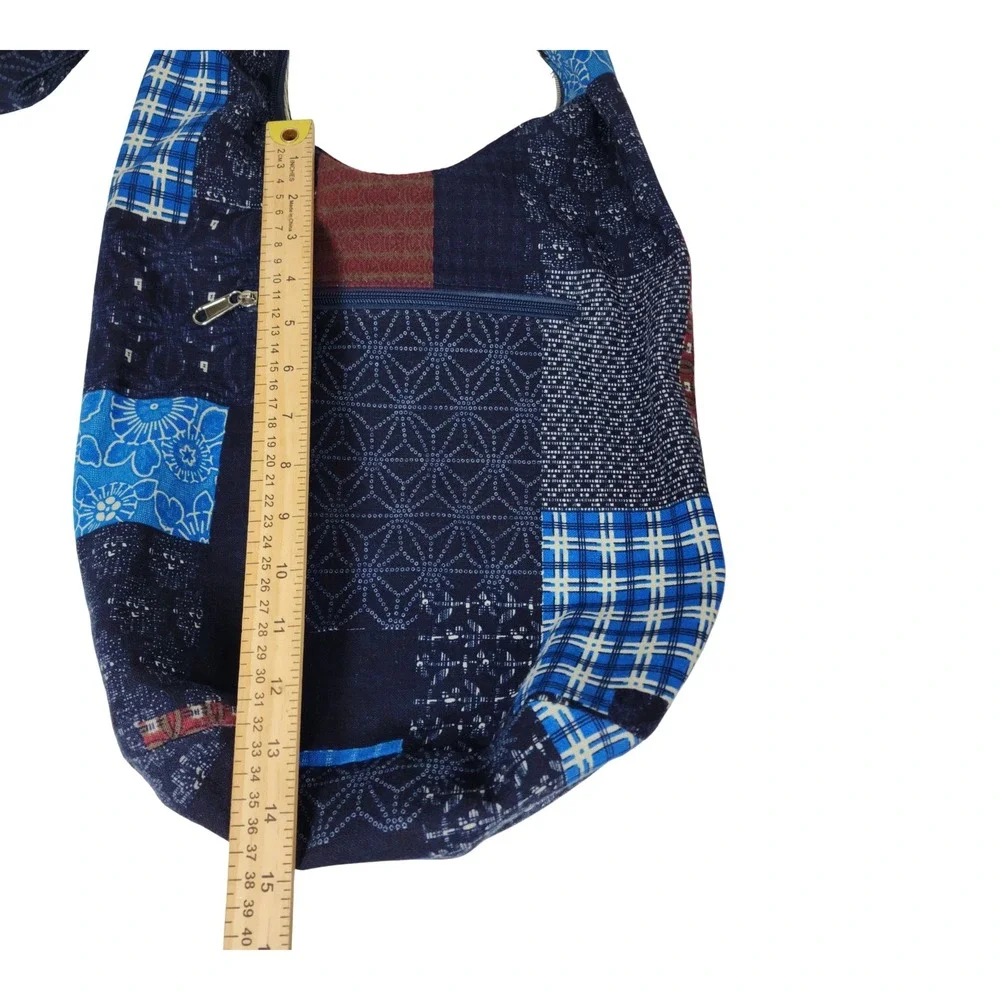 Indigo Patchwork Hobo Bag Blue Cotton Canvas Crossbody Boho Sashiko Style